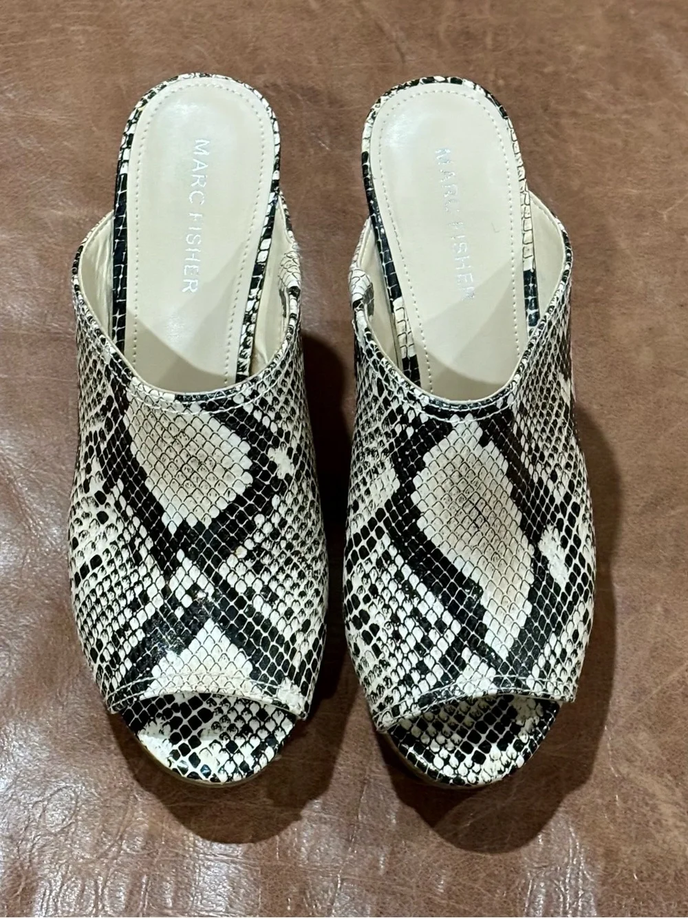 Marc Fisher Black and White Snake-Print Cork Wedge Mules